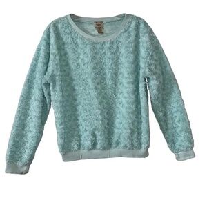Eyelash Couture | Aqua Blue Green Faux Fur Rosette Long Sleeve Sweatshirt, Large